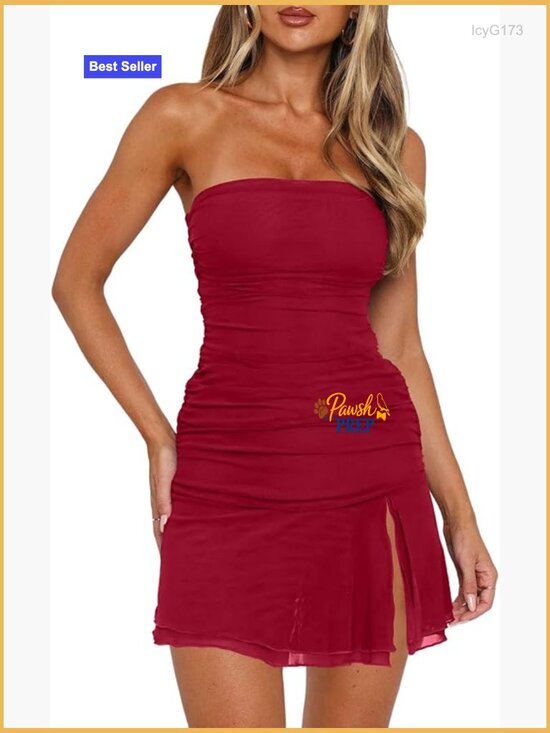 Dresses & Skirts - Sexy Tube Mini Dress Mesh Ruched Bodycon Ruffle Hem Party Club Night Out